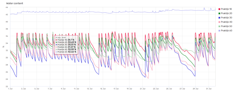 Grafiek van vochtmetingen op verschillende dieptes in de bodem – irrigatie op basis van ervaring, maand juli